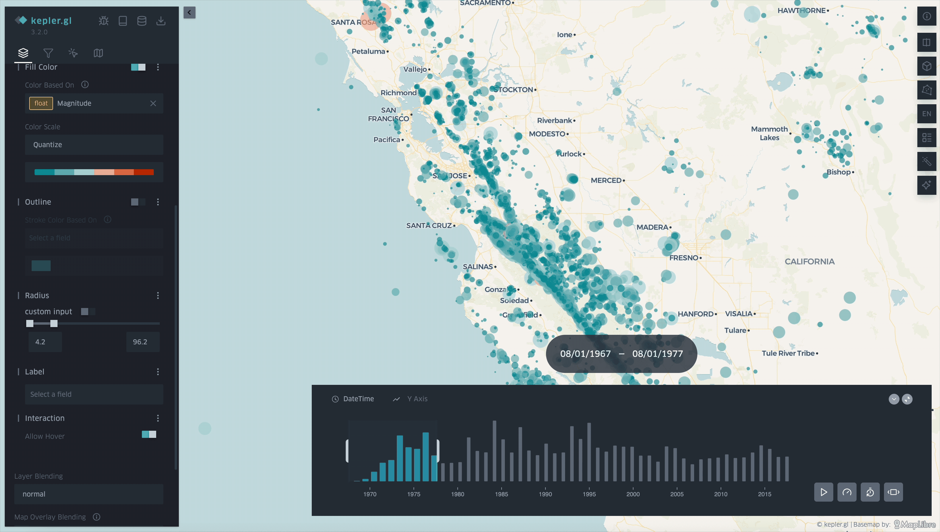 Kepler.gl USGS Historical Earthquake Data Visualization